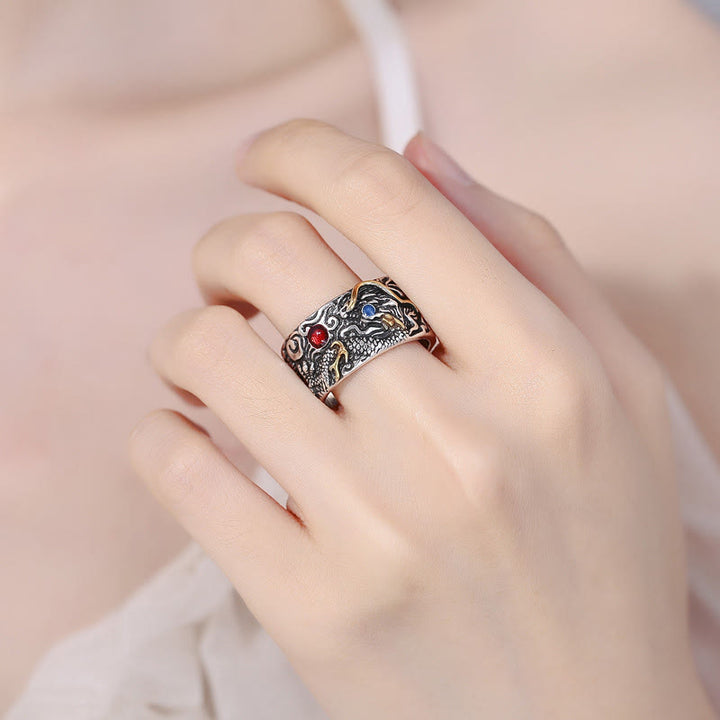Buddha Stonesヴィンテージドラゴン柄銅メッキシルバーバランスリング - image 4