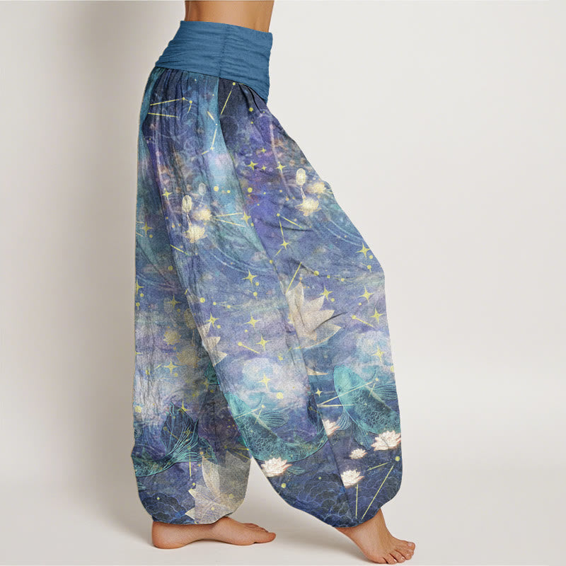 Buddha Stones純綿 鯉 蓮 月 星柄 レディース 伸縮性ウエスト ハーレムパンツ - image 2