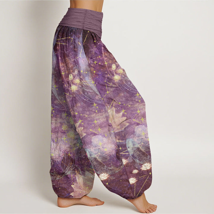 Buddha Stones純綿 鯉 蓮 月 星柄 レディース 伸縮性ウエスト ハーレムパンツ