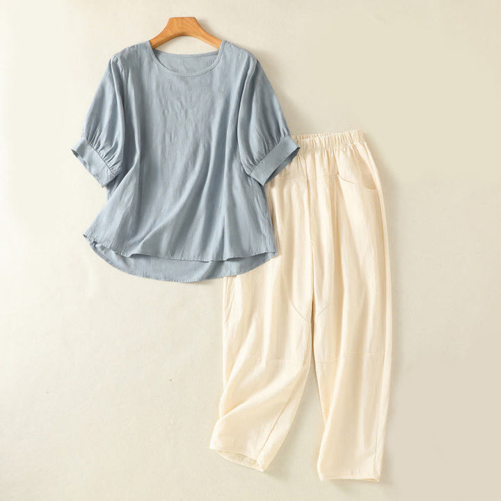 Buddha Stones 2点セット 無地 レディース 半袖シャツ ハーレムパンツ 瞑想服セット - ライトスカイブルー - US8-10，UK/AU12-14，EU40-42 (2XL) - image 0