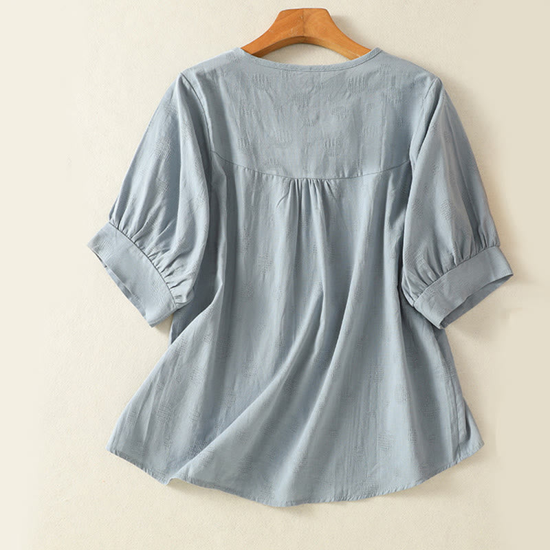 Buddha Stones柄の無地レディース半袖シャツとハーレムパンツの瞑想服セット（2点セット） - image 2