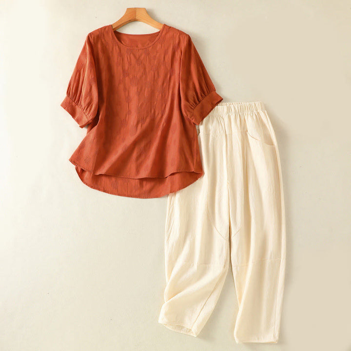 Buddha Stones柄の無地レディース半袖シャツとハーレムパンツの瞑想服セット（2点セット） - チョコレート - US8-10，UK/AU12-14，EU40-42 (2XL) - image 16
