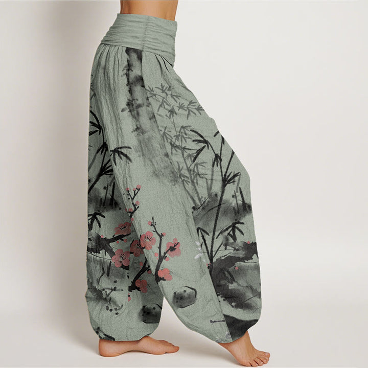 Buddha Stones純綿 梅の花 竹 蘭 菊柄 レディース ウエストゴム ハーレムパンツ