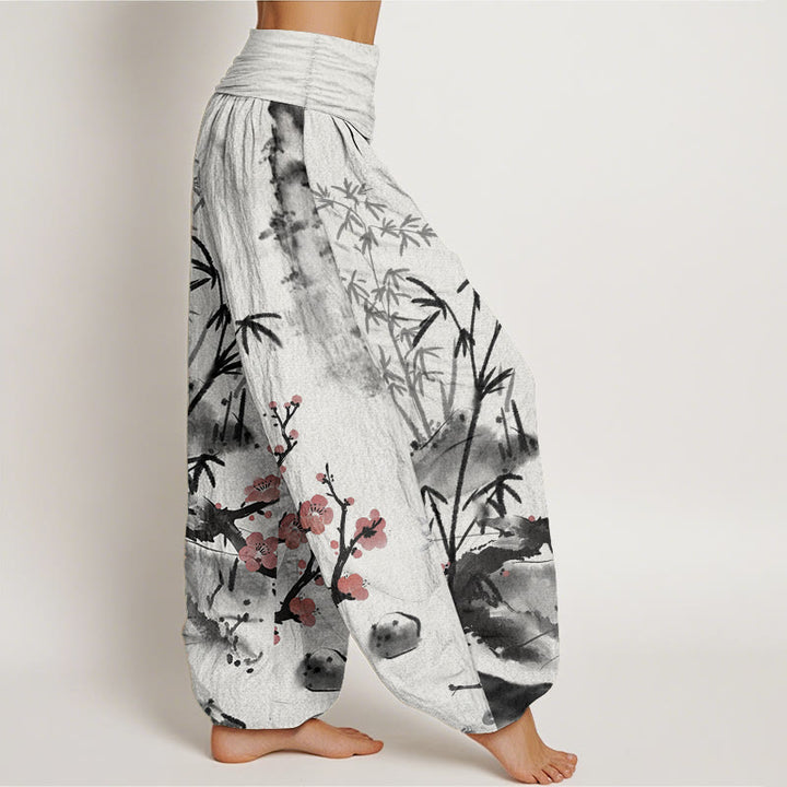 Buddha Stones純綿 梅の花 竹 蘭 菊柄 レディース ウエストゴム ハーレムパンツ