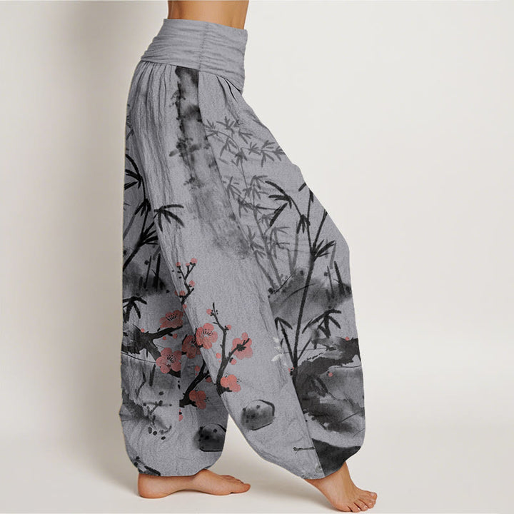 Buddha Stones純綿 梅の花 竹 蘭 菊柄 レディース ウエストゴム ハーレムパンツ