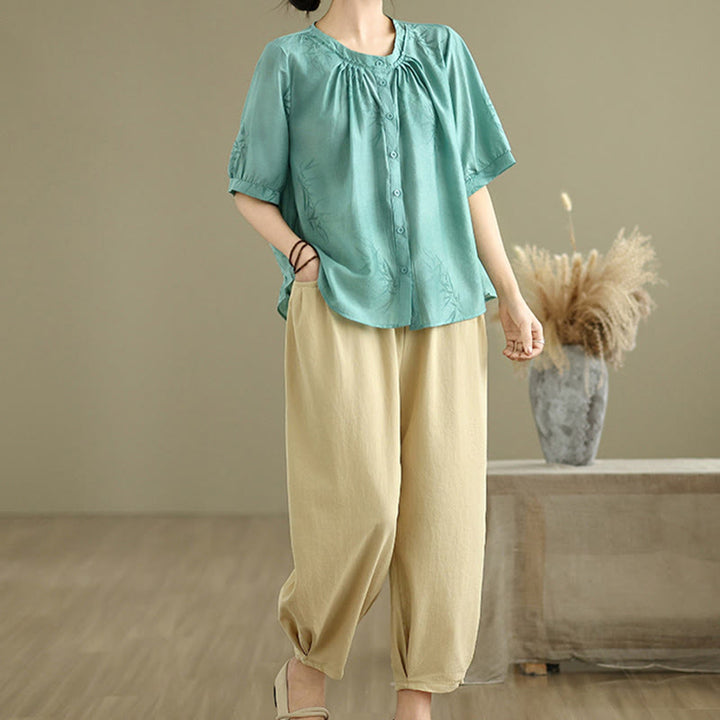Buddha Stones 2点セット カジュアル レディース 半袖シャツ ハーレムパンツ 瞑想服セット - image 6