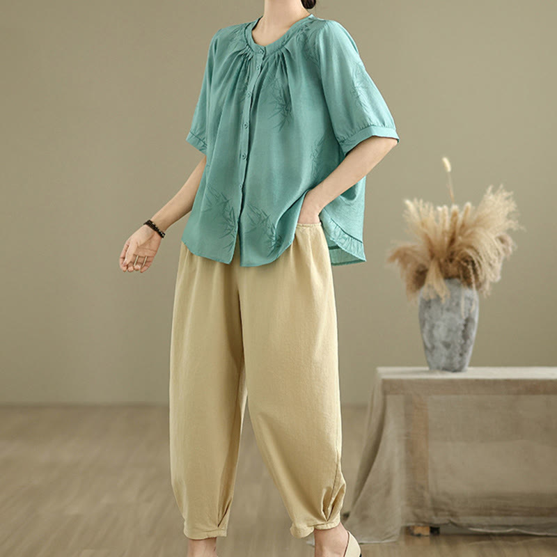 Buddha Stones 2点セット カジュアル レディース 半袖シャツ ハーレムパンツ 瞑想服セット - image 4