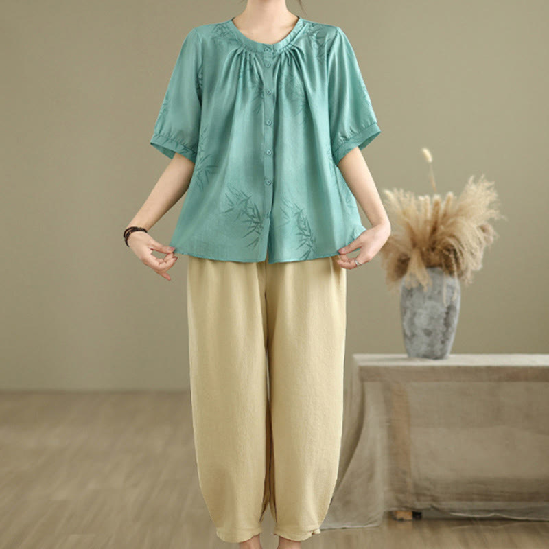 Buddha Stones 2点セット カジュアル レディース 半袖シャツ ハーレムパンツ 瞑想服セット - image 3