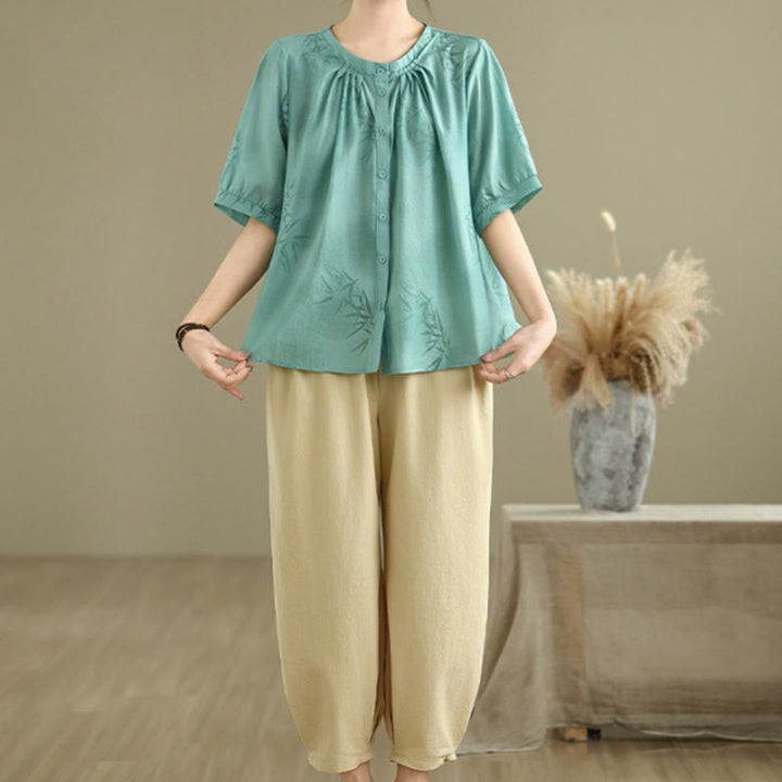 Buddha Stones 2点セット カジュアル レディース 半袖シャツ ハーレムパンツ 瞑想服セット - image 3