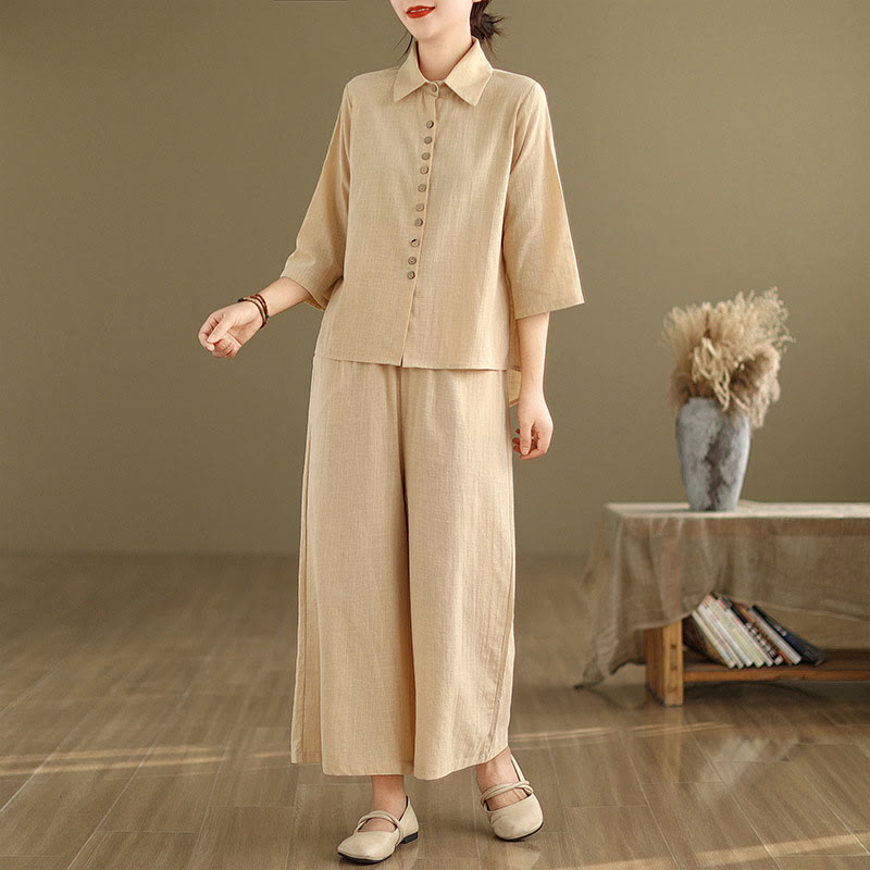 Buddha Stones 2点セット カジュアル レディース スタンドカラー シャツ ゆったりパンツ 瞑想服 セット - image 2