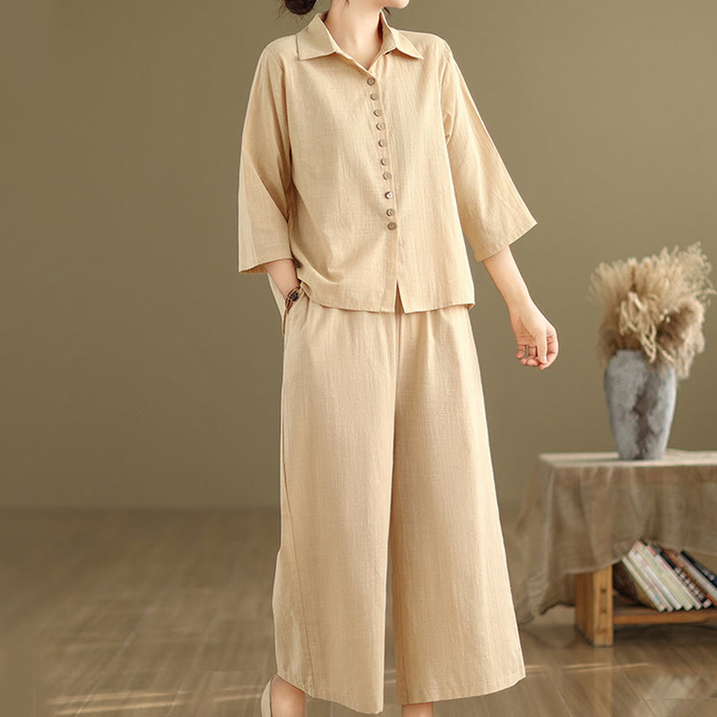 Buddha Stones 2点セット カジュアル レディース スタンドカラー シャツ ゆったりパンツ 瞑想服 セット - image 4