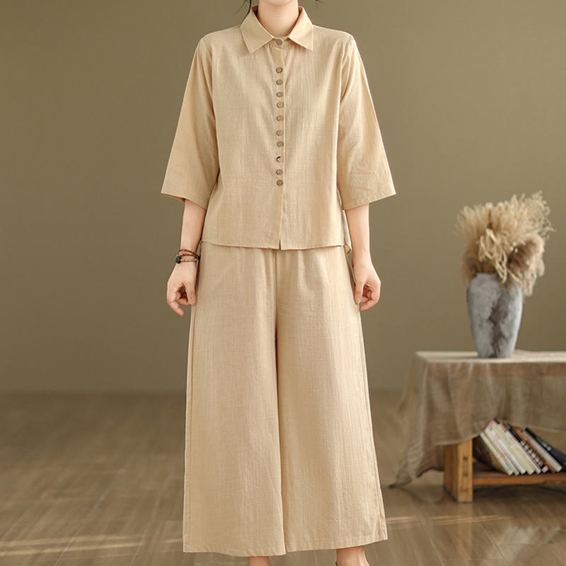 Buddha Stones 2点セット カジュアル レディース スタンドカラー シャツ ゆったりパンツ 瞑想服 セット - 小麦 - US12、 UK/AU16、 EU44 (2XL) - image 1