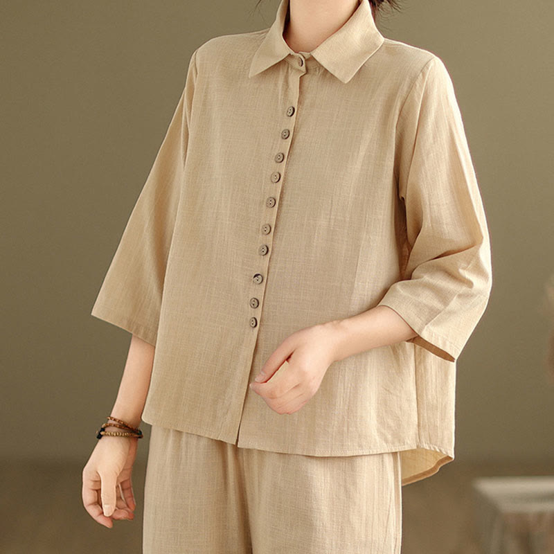 Buddha Stones 2点セット カジュアル レディース スタンドカラー シャツ ゆったりパンツ 瞑想服 セット - image 5