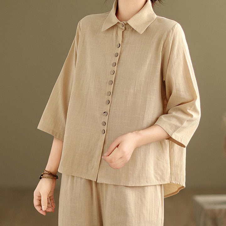 Buddha Stones 2点セット カジュアル レディース スタンドカラー シャツ ゆったりパンツ 瞑想服 セット - image 5