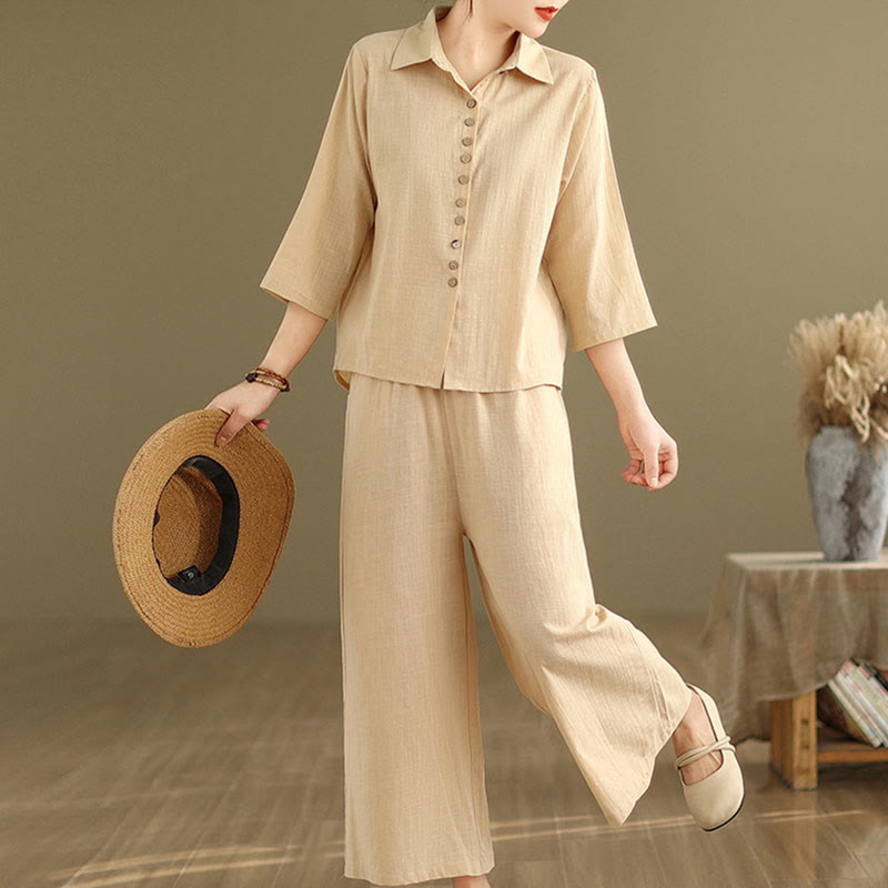 Buddha Stones 2点セット カジュアル レディース スタンドカラー シャツ ゆったりパンツ 瞑想服 セット - image 3