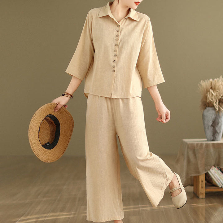 Buddha Stones 2点セット カジュアル レディース スタンドカラー シャツ ゆったりパンツ 瞑想服 セット - image 3