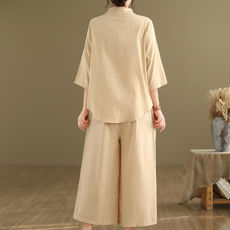 Buddha Stones 2点セット カジュアル レディース スタンドカラー シャツ ゆったりパンツ 瞑想服 セット - image 5