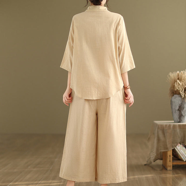 Buddha Stones 2点セット カジュアル レディース スタンドカラー シャツ ゆったりパンツ 瞑想服 セット - image 5