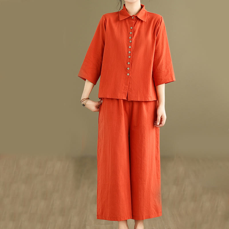 Buddha Stones 2点セット カジュアル レディース スタンドカラー シャツ ゆったりパンツ 瞑想服 セット - オレンジレッド - US12、 UK/AU16、 EU44 (2XL) - image 7