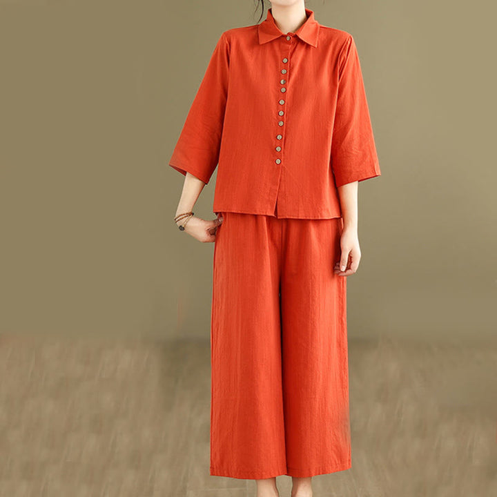 Buddha Stones 2点セット カジュアル レディース スタンドカラー シャツ ゆったりパンツ 瞑想服 セット - オレンジレッド - US12、 UK/AU16、 EU44 (2XL) - image 7