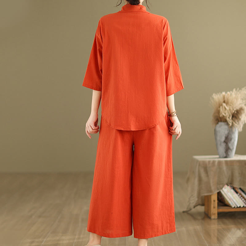 Buddha Stones 2点セット カジュアル レディース スタンドカラー シャツ ゆったりパンツ 瞑想服 セット - image 11