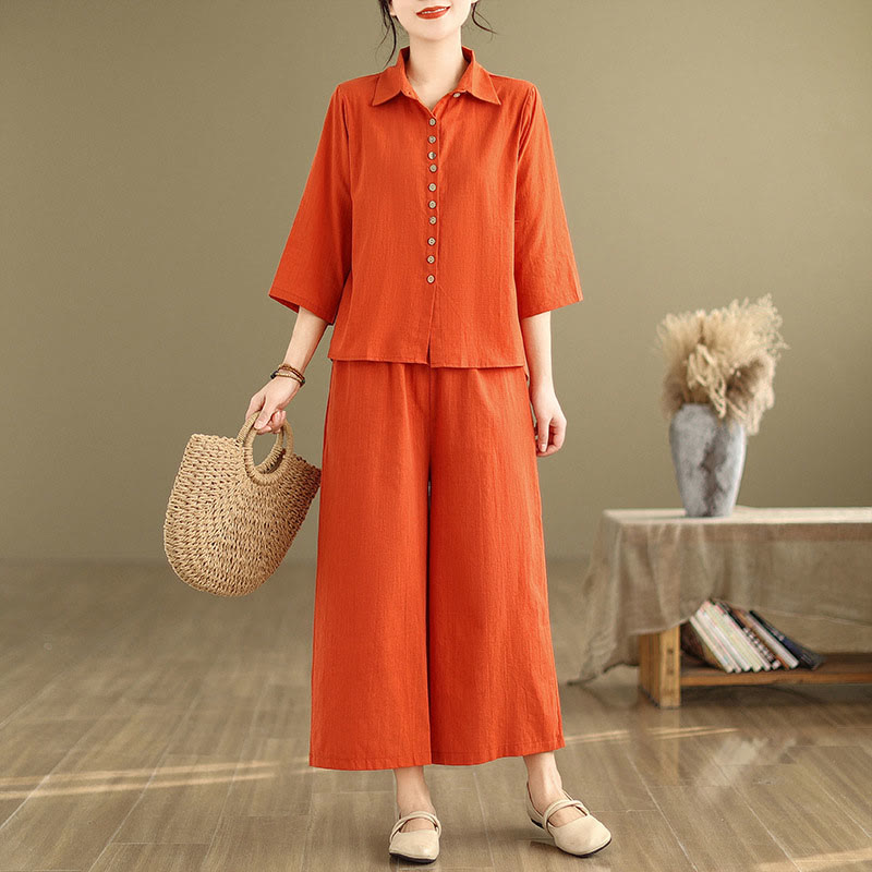 Buddha Stones 2点セット カジュアル レディース スタンドカラー シャツ ゆったりパンツ 瞑想服 セット - image 15