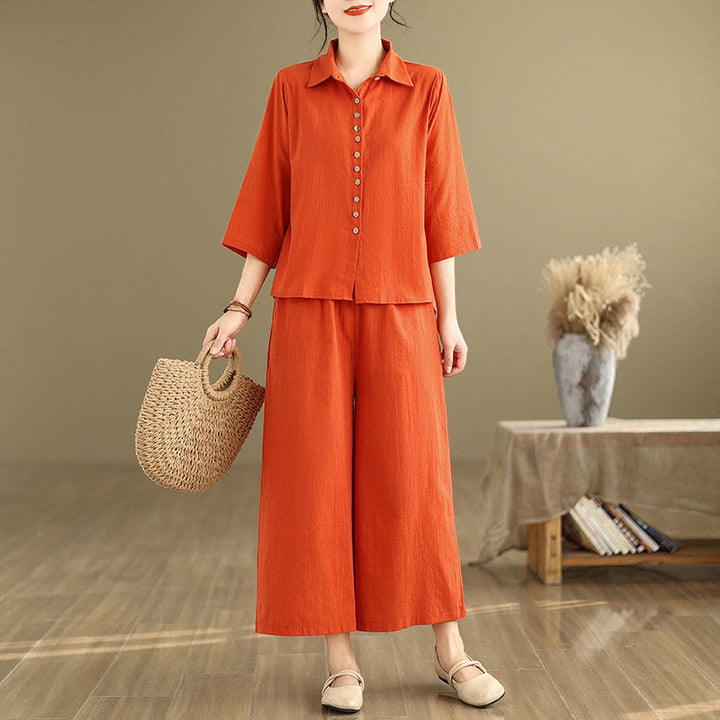 Buddha Stones 2点セット カジュアル レディース スタンドカラー シャツ ゆったりパンツ 瞑想服 セット - image 15