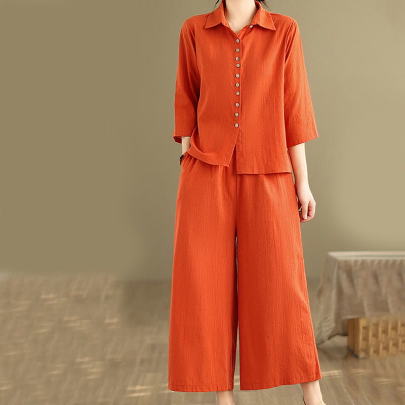 Buddha Stones 2点セット カジュアル レディース スタンドカラー シャツ ゆったりパンツ 瞑想服 セット - image 9