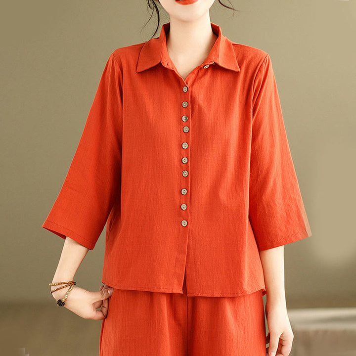 Buddha Stones 2点セット カジュアル レディース スタンドカラー シャツ ゆったりパンツ 瞑想服 セット - image 16