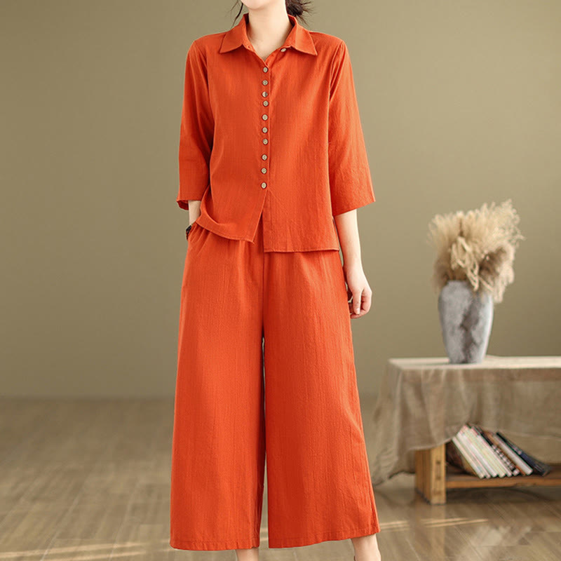 Buddha Stones 2点セット カジュアル レディース スタンドカラー シャツ ゆったりパンツ 瞑想服 セット - image 10