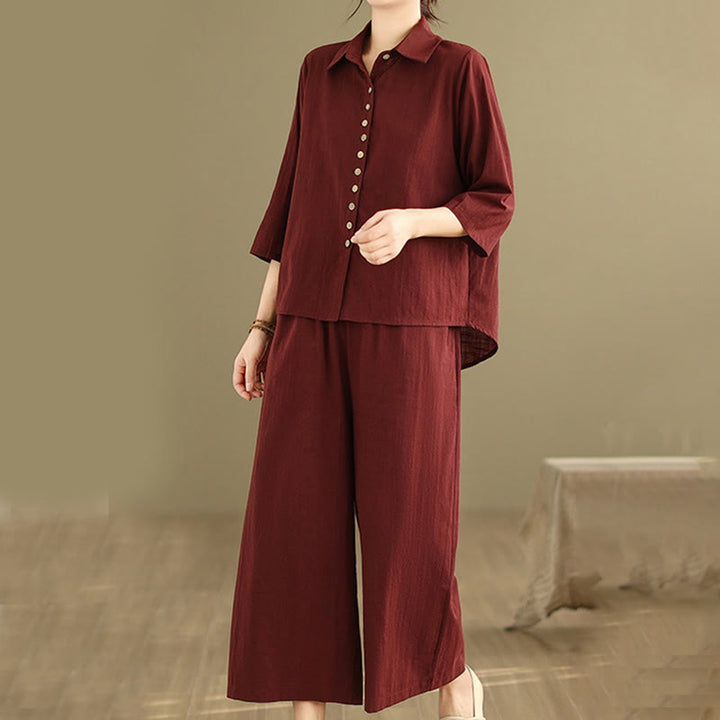 Buddha Stones 2点セット カジュアル レディース スタンドカラー シャツ ゆったりパンツ 瞑想服 セット - image 24