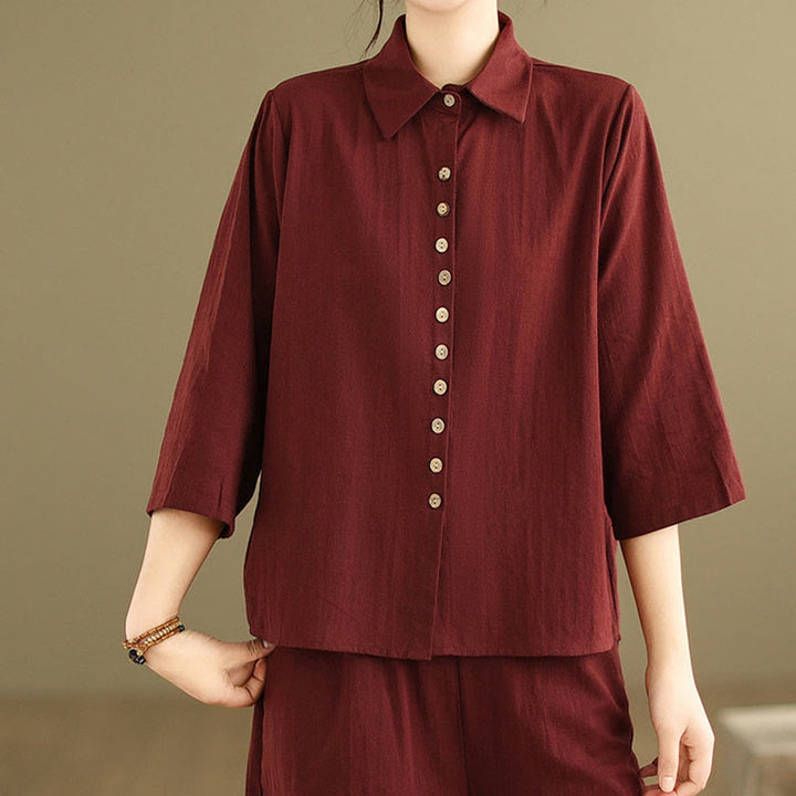 Buddha Stones 2点セット カジュアル レディース スタンドカラー シャツ ゆったりパンツ 瞑想服 セット - image 26