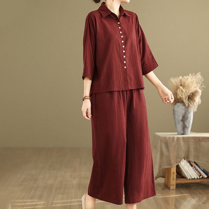 Buddha Stones 2点セット カジュアル レディース スタンドカラー シャツ ゆったりパンツ 瞑想服 セット - image 23