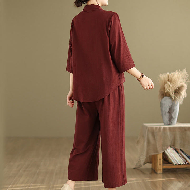 Buddha Stones 2点セット カジュアル レディース スタンドカラー シャツ ゆったりパンツ 瞑想服 セット - image 25