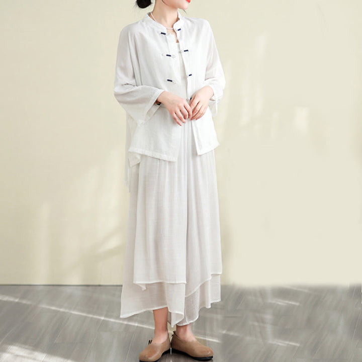 Buddha Stones 2点セット カジュアル レディース カエルボタンシャツ ゆったりパンツ 瞑想服セット - 雪 - US12、 UK/AU16、 EU44 (XL) - image 7