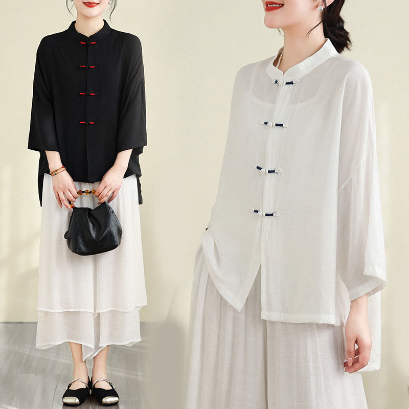 Buddha Stones 2点セット カジュアル レディース カエルボタンシャツ ゆったりパンツ 瞑想服セット - image 27