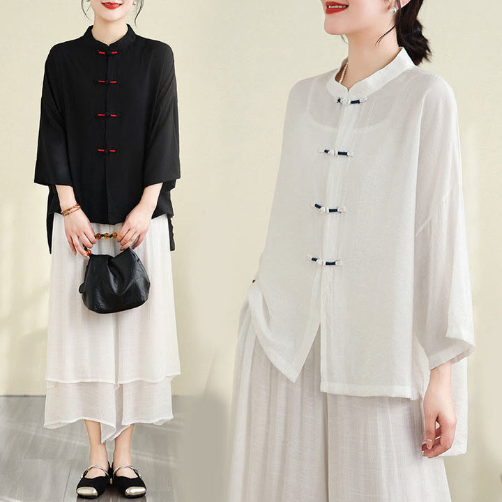 Buddha Stones 2点セット カジュアル レディース カエルボタンシャツ ゆったりパンツ 瞑想服セット - image 27