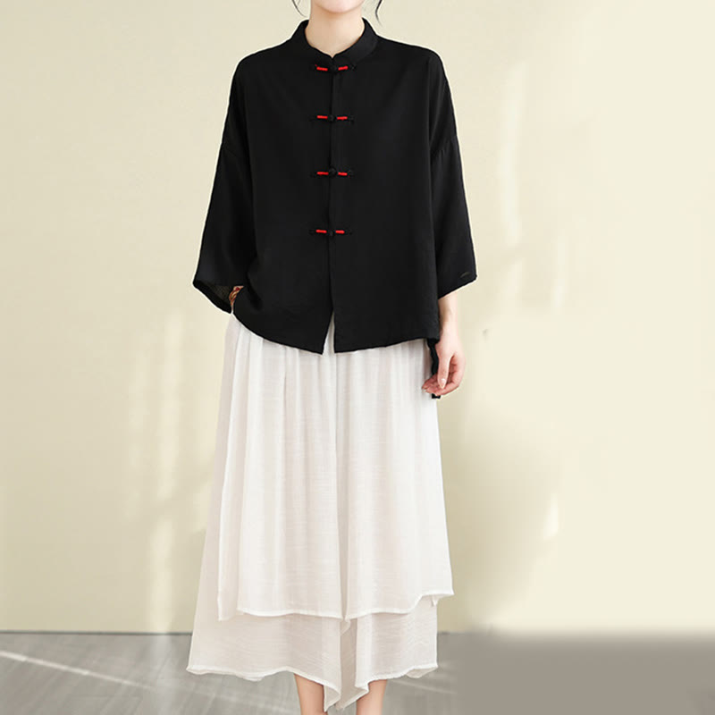 Buddha Stones 2点セット カジュアル レディース カエルボタンシャツ ゆったりパンツ 瞑想服セット - 黒 - US12、 UK/AU16、 EU44 (XL) - image 20