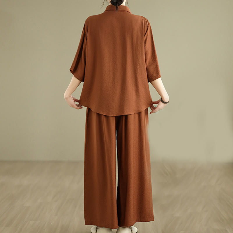 Buddha Stones 2点セット カジュアル レディース スタンドカラー シャツ ゆったりパンツ 瞑想服 セット - image 3