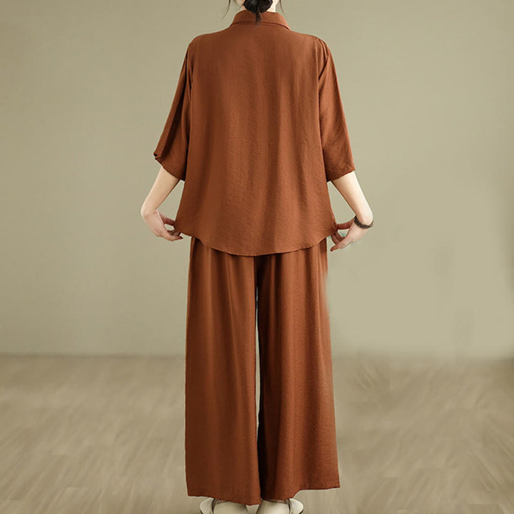Buddha Stones 2点セット カジュアル レディース スタンドカラー シャツ ゆったりパンツ 瞑想服 セット - image 3