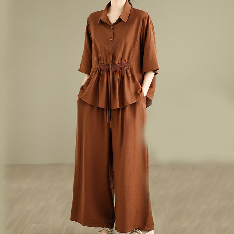 Buddha Stones 2点セット カジュアル レディース スタンドカラー シャツ ゆったりパンツ 瞑想服 セット - image 2