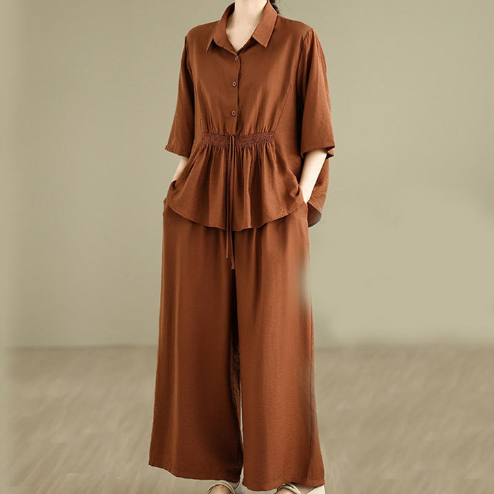 Buddha Stones 2点セット カジュアル レディース スタンドカラー シャツ ゆったりパンツ 瞑想服 セット - image 1