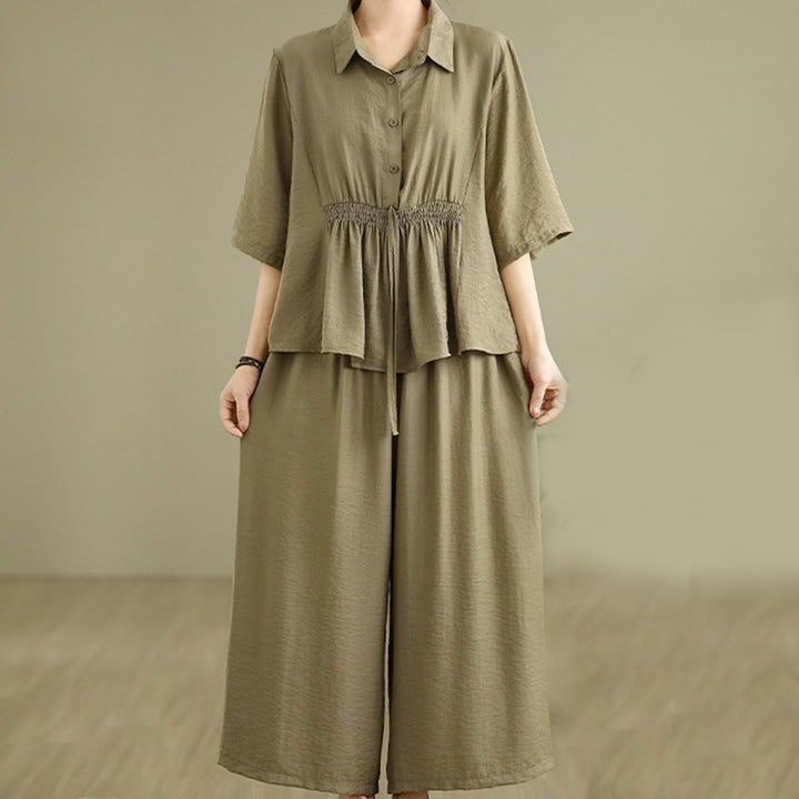 Buddha Stones 2点セット カジュアル レディース スタンドカラー シャツ ゆったりパンツ 瞑想服 セット - ダークカーキ - US12、 UK/AU16、 EU44 (2XL) - image 13