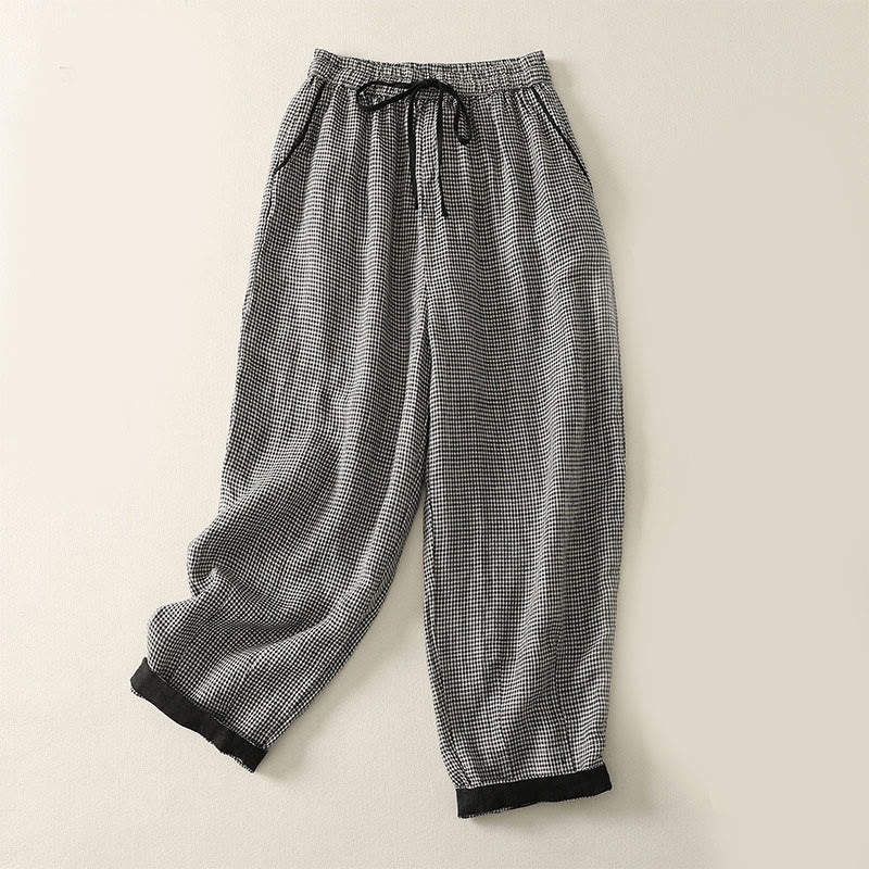 Buddha Stonesチェック柄 ドローストリング レディース コットンリネン ハーレムパンツ ポケット付き - 黒 - US8-10，UK/AU12-14，EU40-42 (2XL) - image 1
