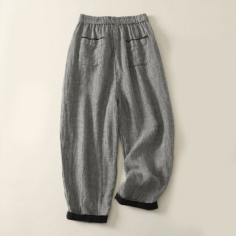Buddha Stonesチェック柄 ドローストリング レディース コットンリネン ハーレムパンツ ポケット付き - image 2