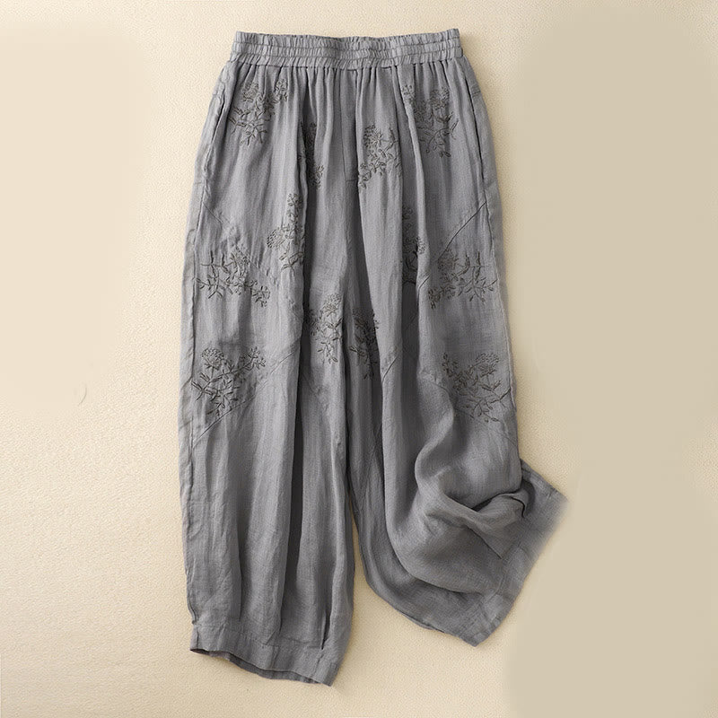 Buddha Stones刺繍柄レディースコットンリネンハーレムパンツ（ポケット付き） - グレー - US12、 UK/AU16、 EU44 (3XL) - image 1