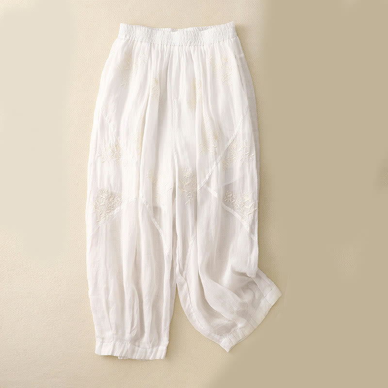 Buddha Stones刺繍柄レディースコットンリネンハーレムパンツ（ポケット付き） - 白 - US12、 UK/AU16、 EU44 (3XL) - image 6