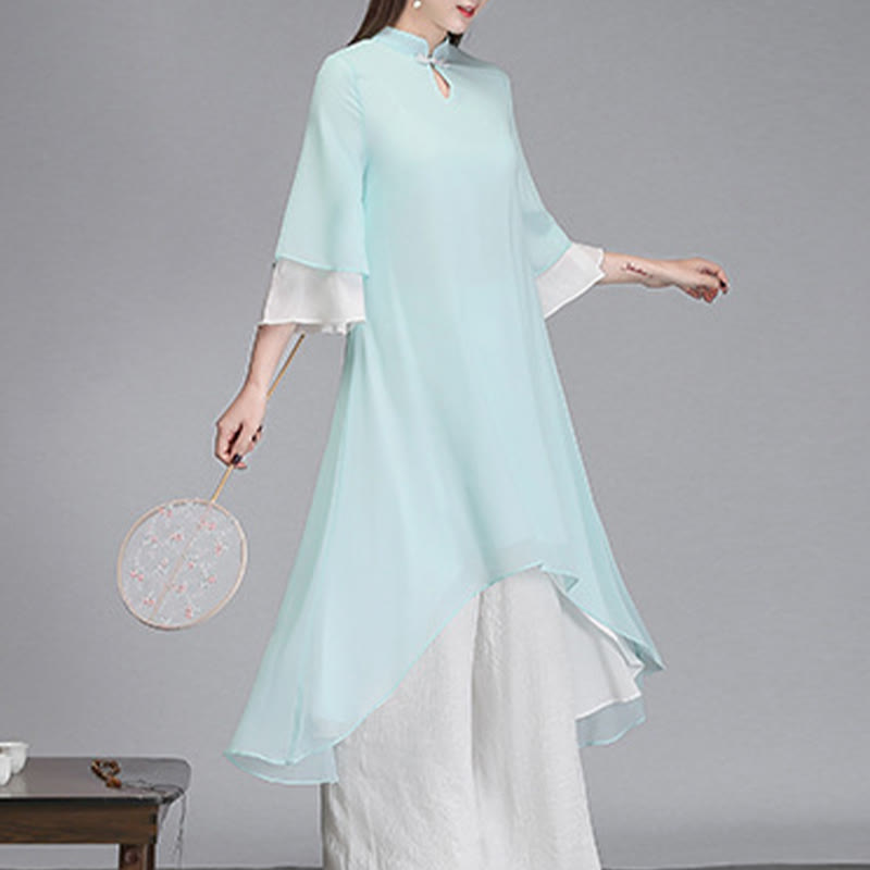 Buddha Stones無地 レディース 七分袖 シフォン イレギュラー シャツドレス ワイドレッグパンツ 瞑想服