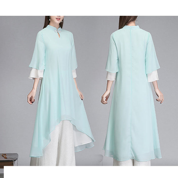 Buddha Stones無地 レディース 七分袖 シフォン イレギュラー シャツドレス ワイドレッグパンツ 瞑想服