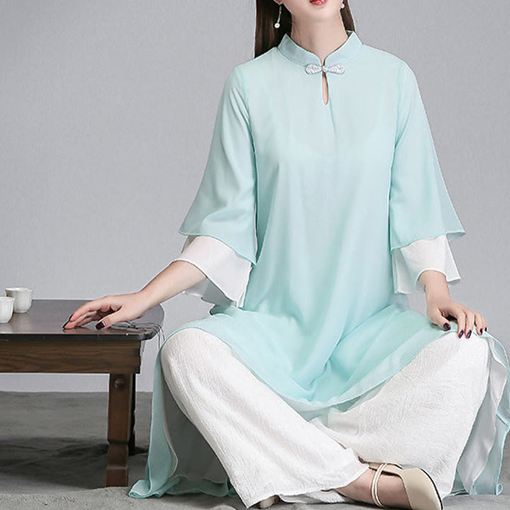 Buddha Stones無地 レディース 七分袖 シフォン イレギュラー シャツドレス ワイドレッグパンツ 瞑想服